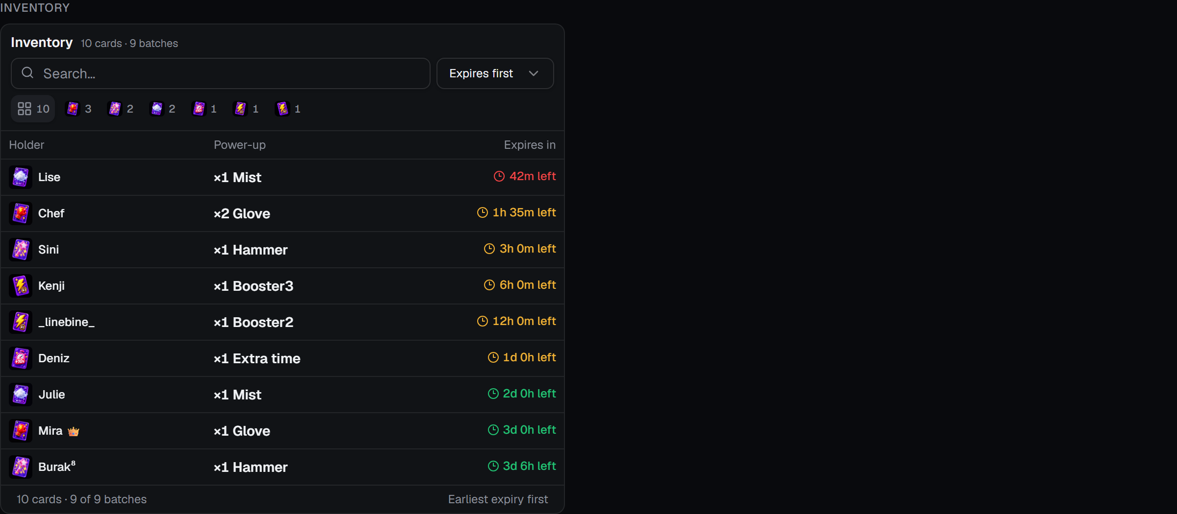 Power-up inventory listing holders, card types, and expiry